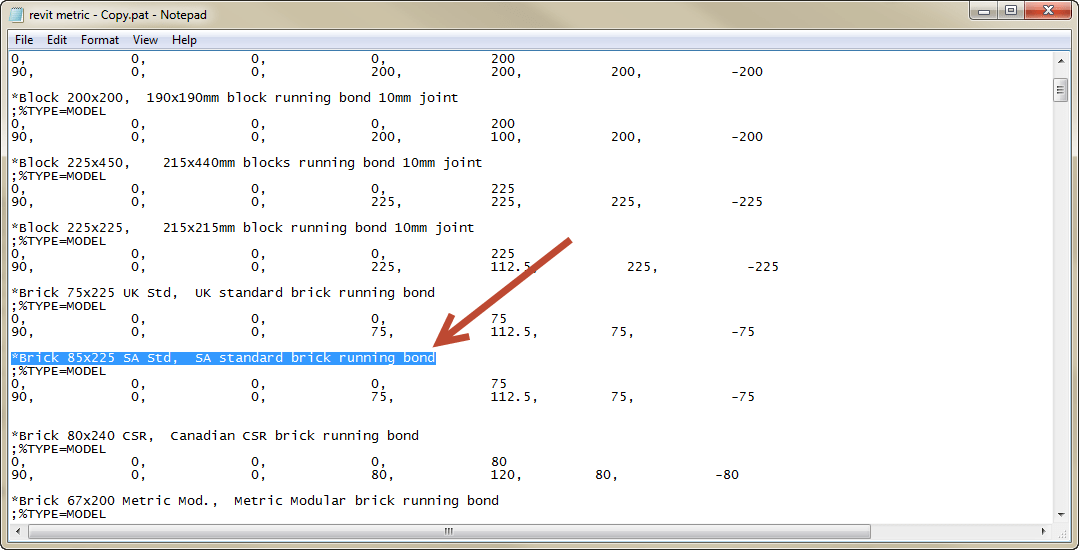 How to edit Revit Fill Pattern .pat file to match South African brick
