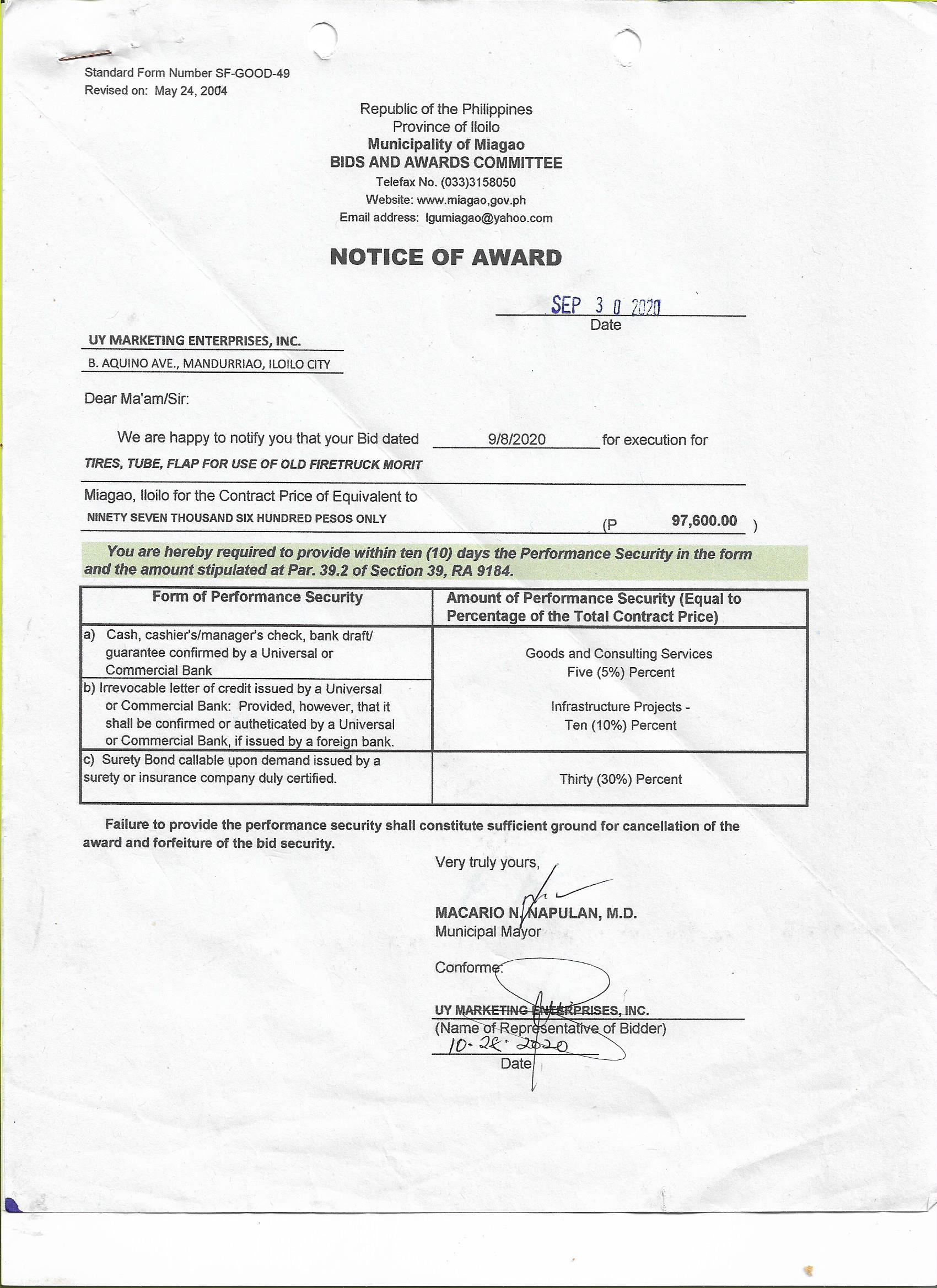Notice of Award Municipality of Miagao