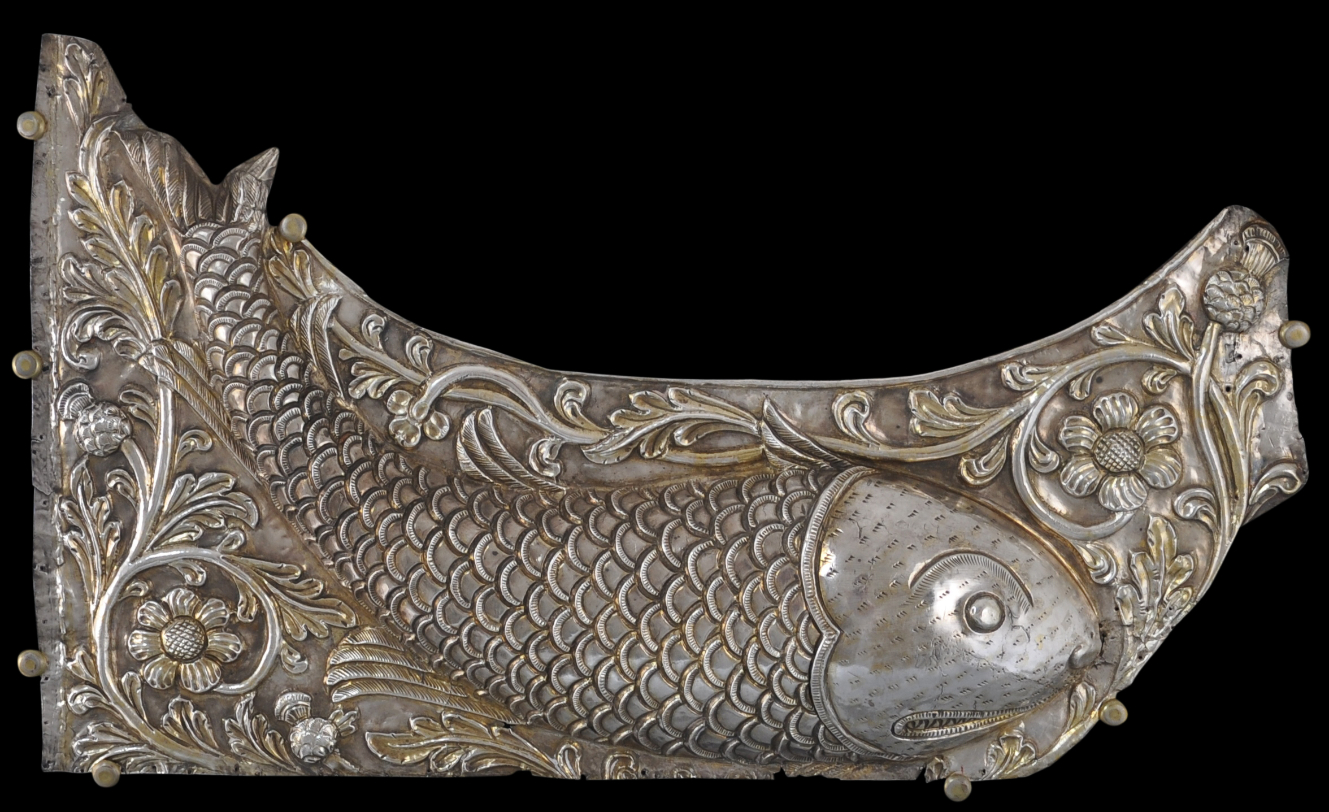 Pair of Mounted, Large, Gilded Silver Lucknow Fish Elements Michael
