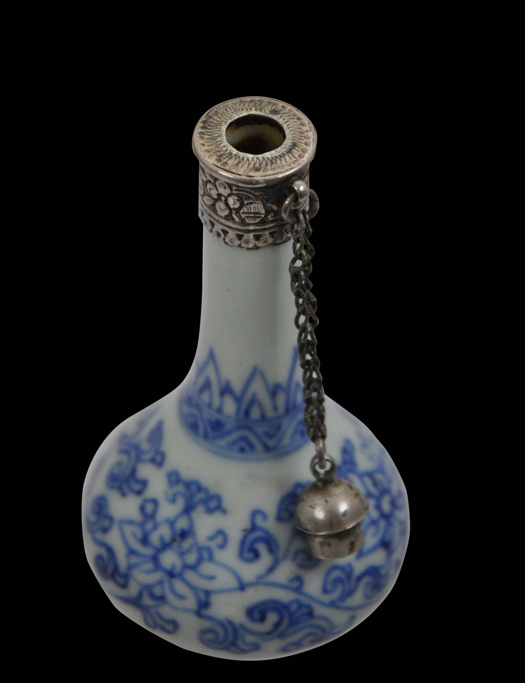 Kangxi Chinese Porcelain Flask with Indian (or Similar) Engraved Silver