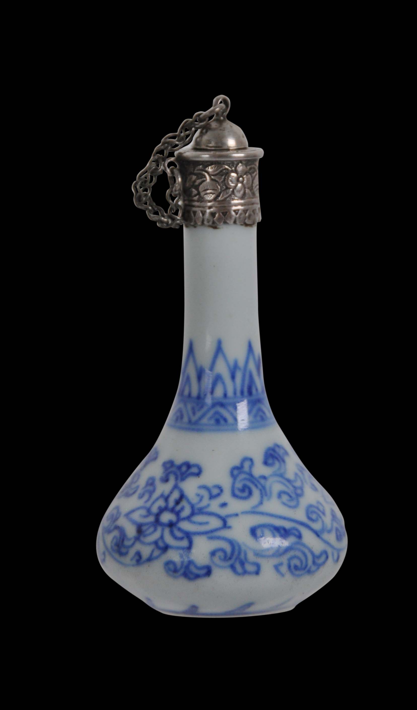 Kangxi Chinese Porcelain Flask with Indian (or Similar) Engraved Silver