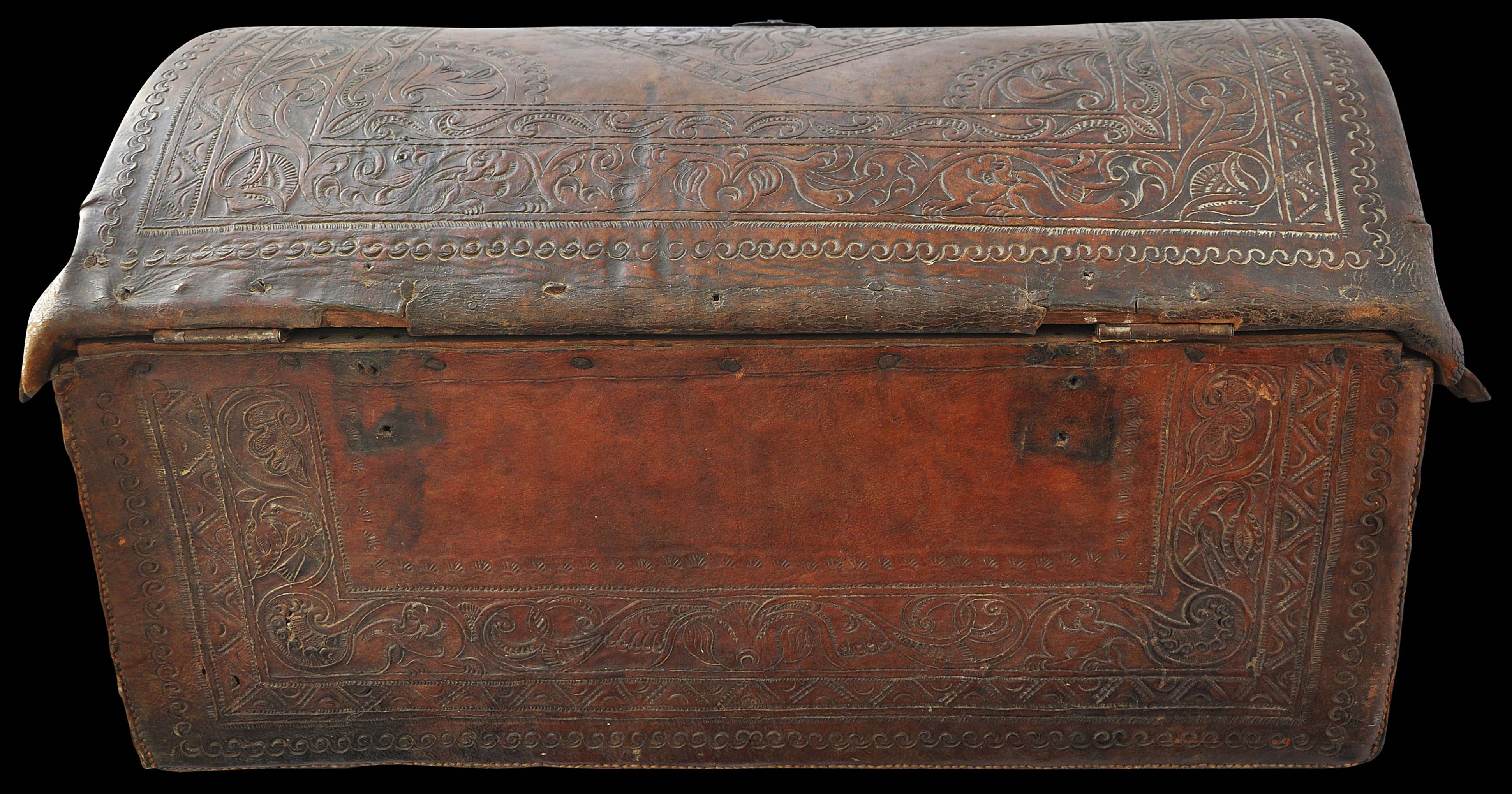 Spanish Colonial Tooled Leather & Wood Chest with Iron Fittings (Petaca) Michael Backman Ltd