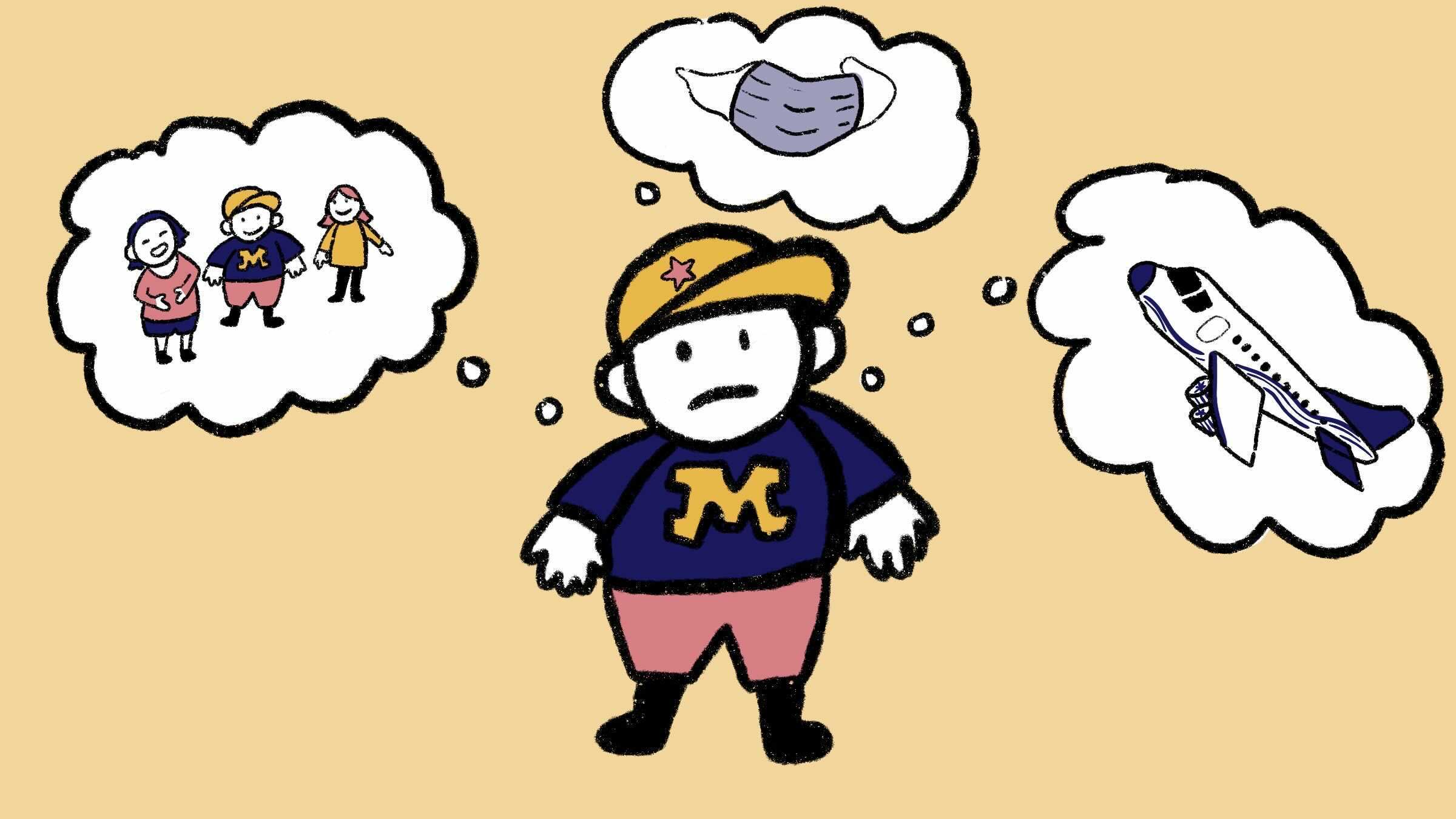 cartoon man with thought bubbles coming out of his head