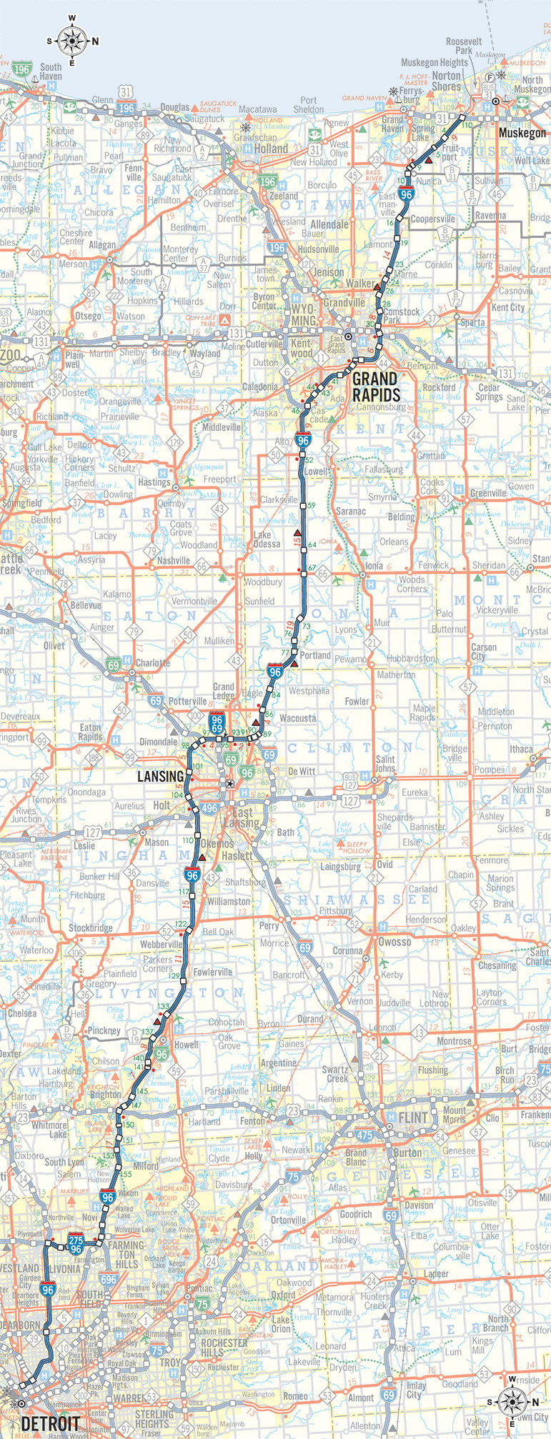 Michigan Highways: Route Listings: I-96 Route Map
