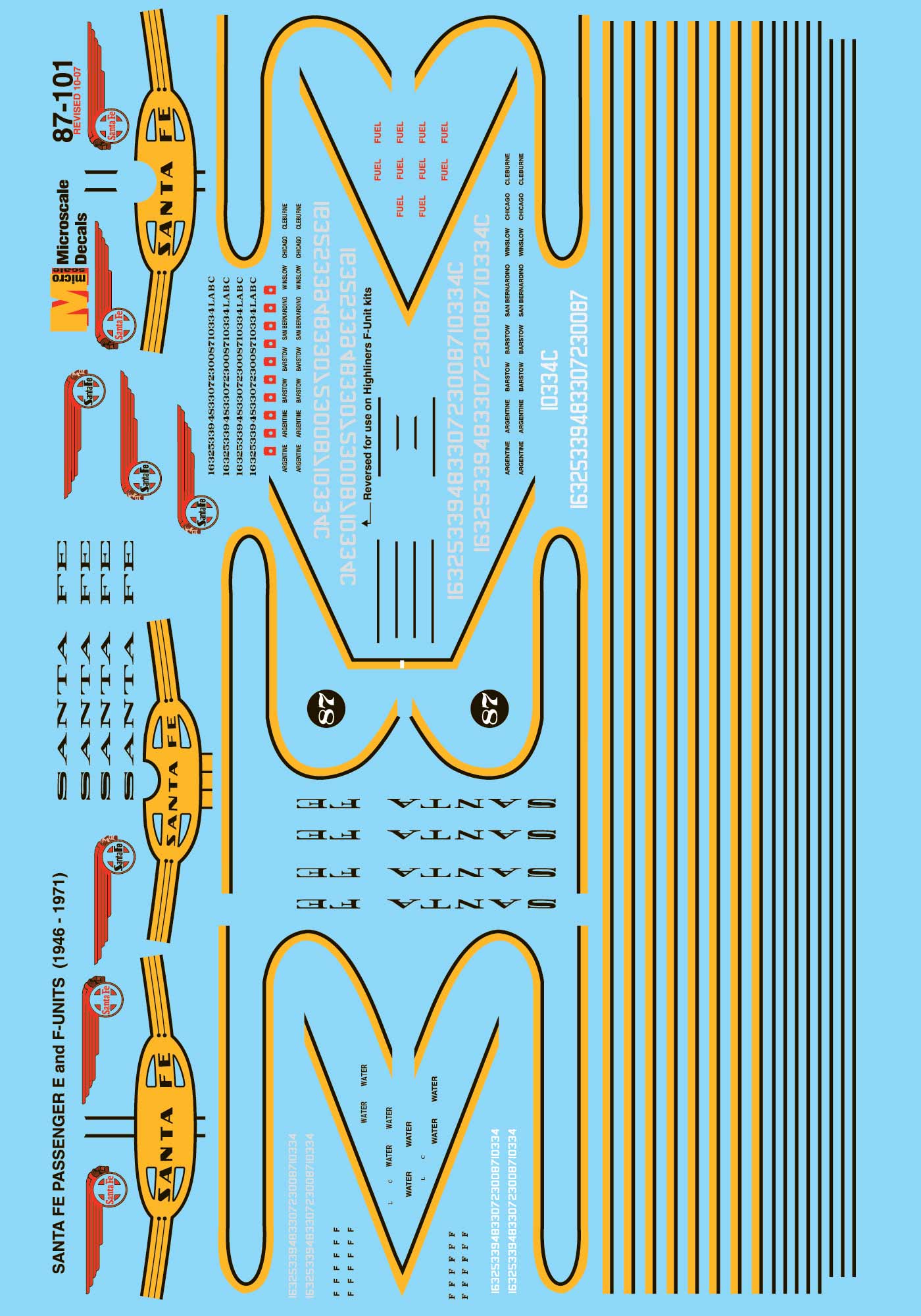Microscale Decals HO Scale Santa Fe F and EUnit Diesels E8, F7