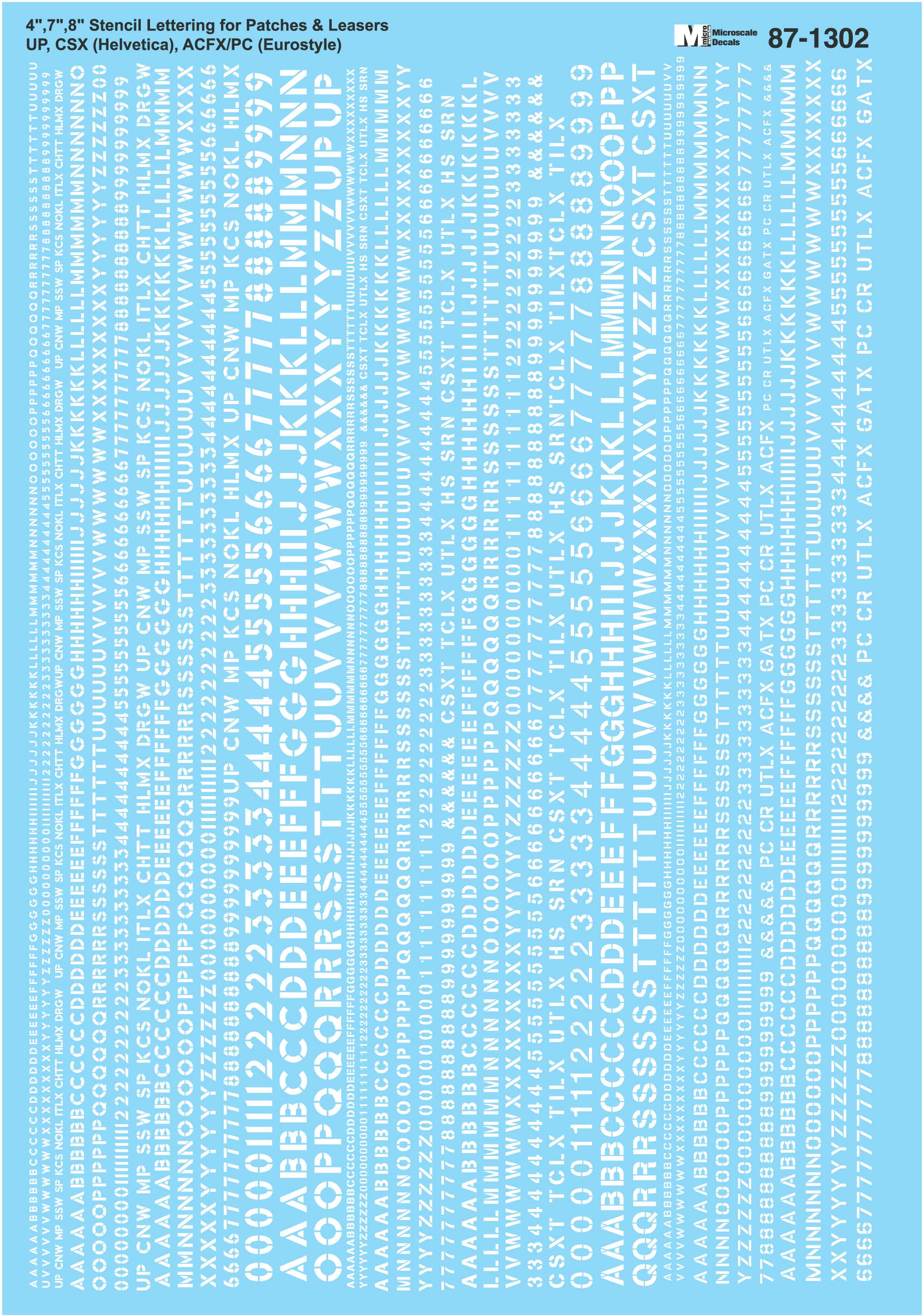 Microscale Decals HO Scale 4, 7, & 8 inch White Stencil Lettering