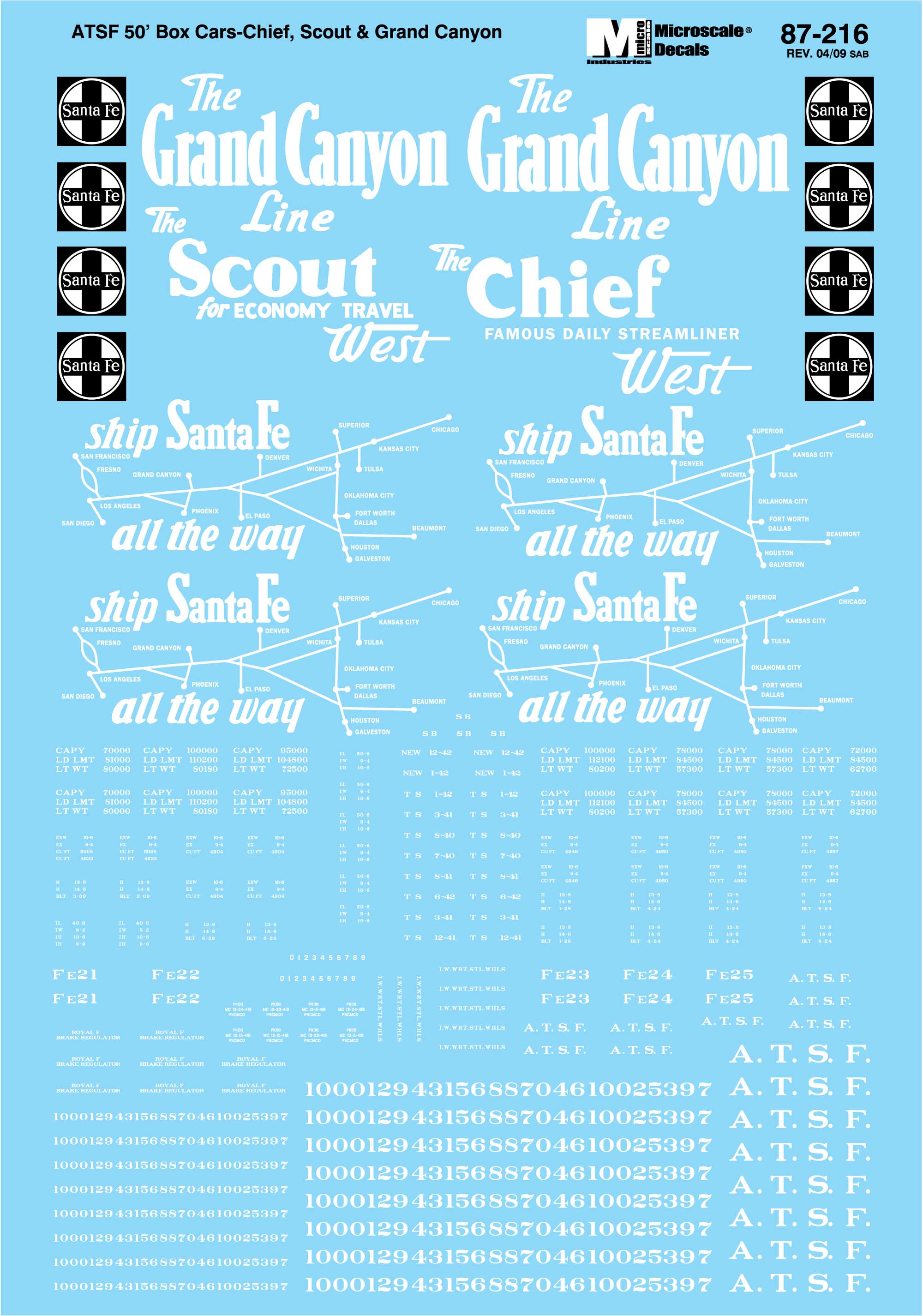 Microscale Decals HO Scale Santa Fe 50' Box Cars Chief, Grand