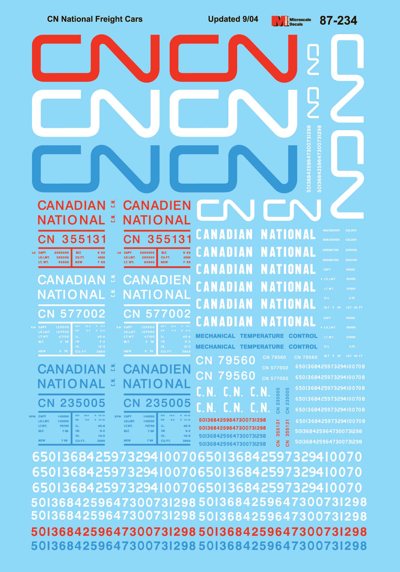 Microscale Decals HO Scale CN Freight Car Assorted & Cabooses