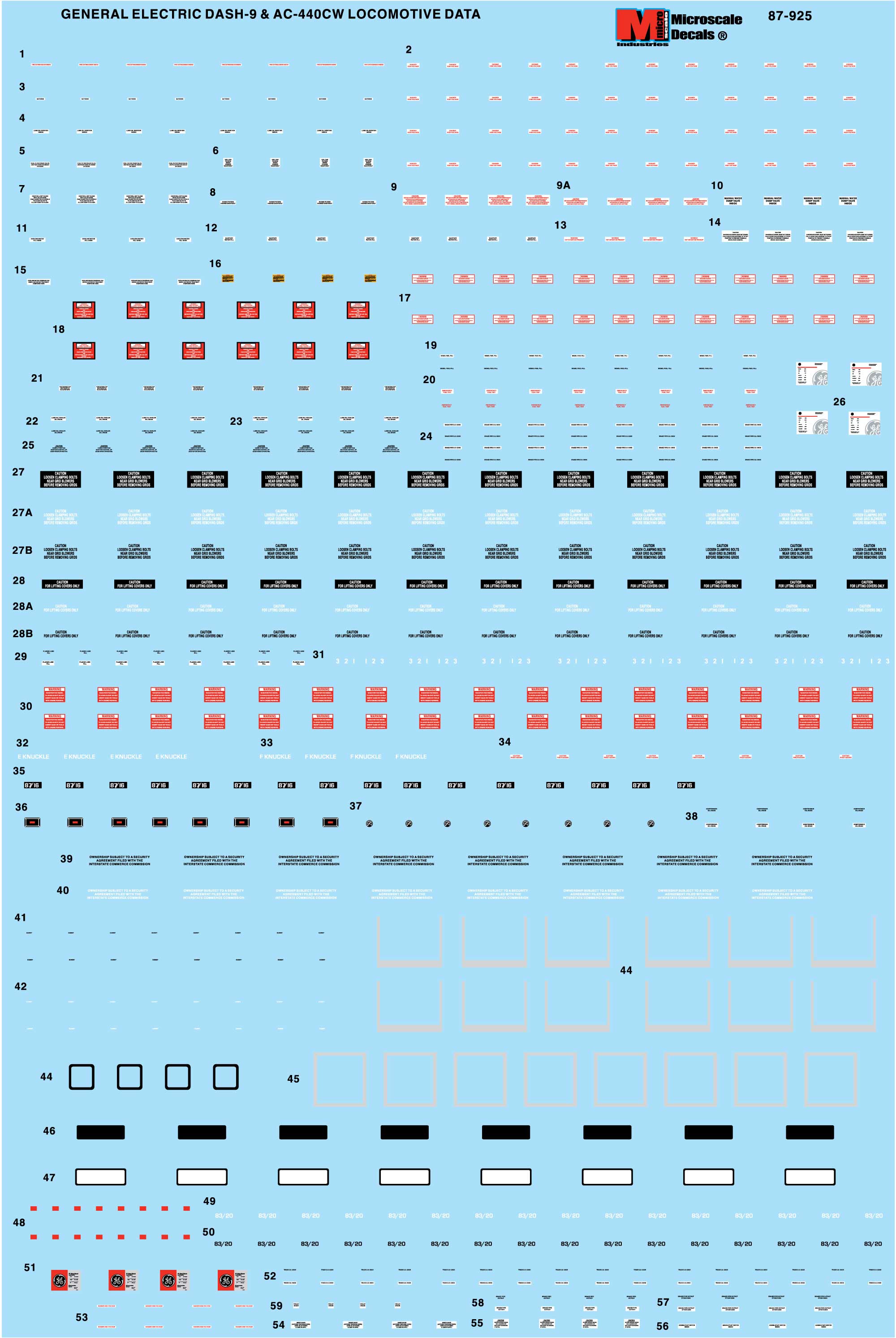 Microscale Decals HO Scale Data GE Dash9 44CW and AC4400CW Diesel