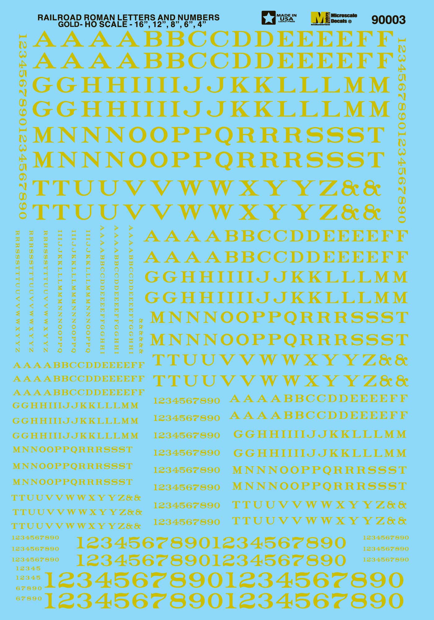 Microscale Decals HO Scale Alphabets Railroad Roman Gold