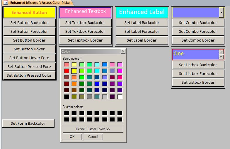 Enhanced Microsoft Access Custom Color Picker System Global Color Settings for Your Forms