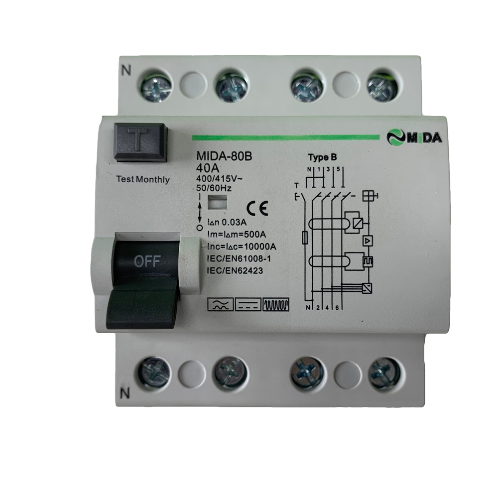 40A 63A 100A 4P B Type RCD RCCB Circuit Breaker Shanghai Mida EV