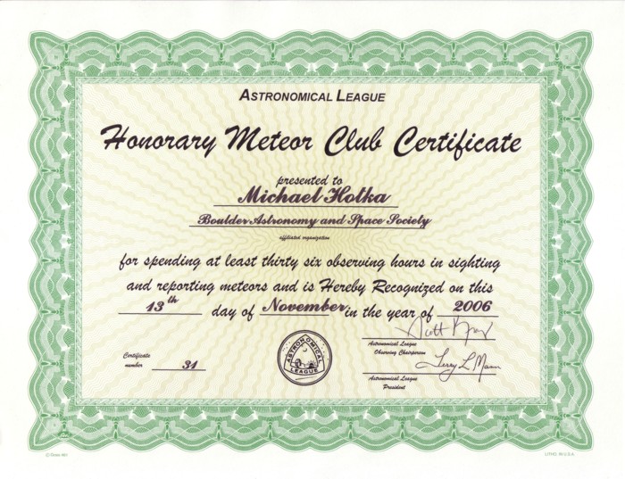 DeepSkyMike's Meteor Certificate
