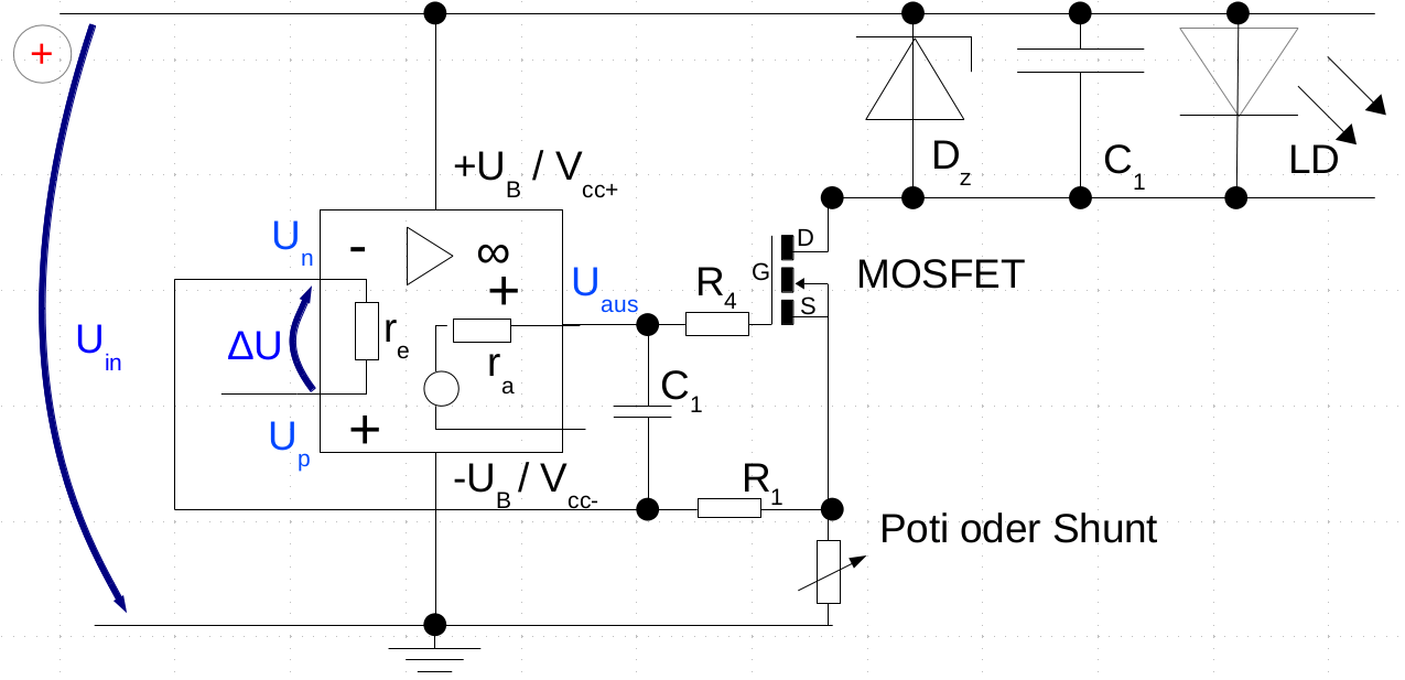 Konstantstromquelle aus OpAmp und MOSFET variable Spannung an Up