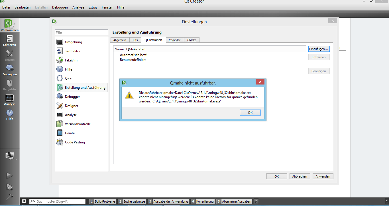 Installier Qt creator, Problem bei Projekt erstellen und Qt version