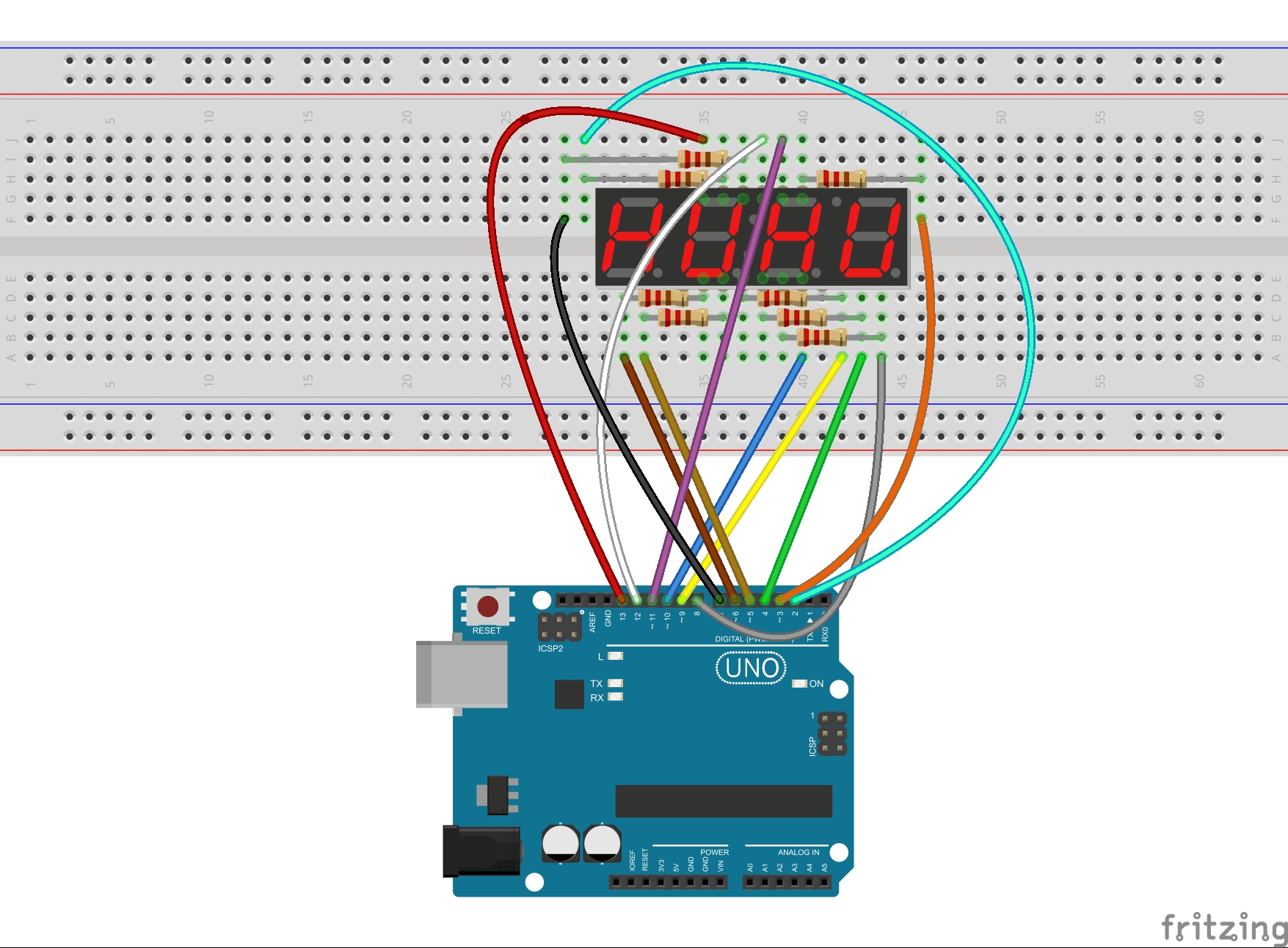 Arduino Uno Temperatur auf 4 stelligen 7 Segmentanzeige