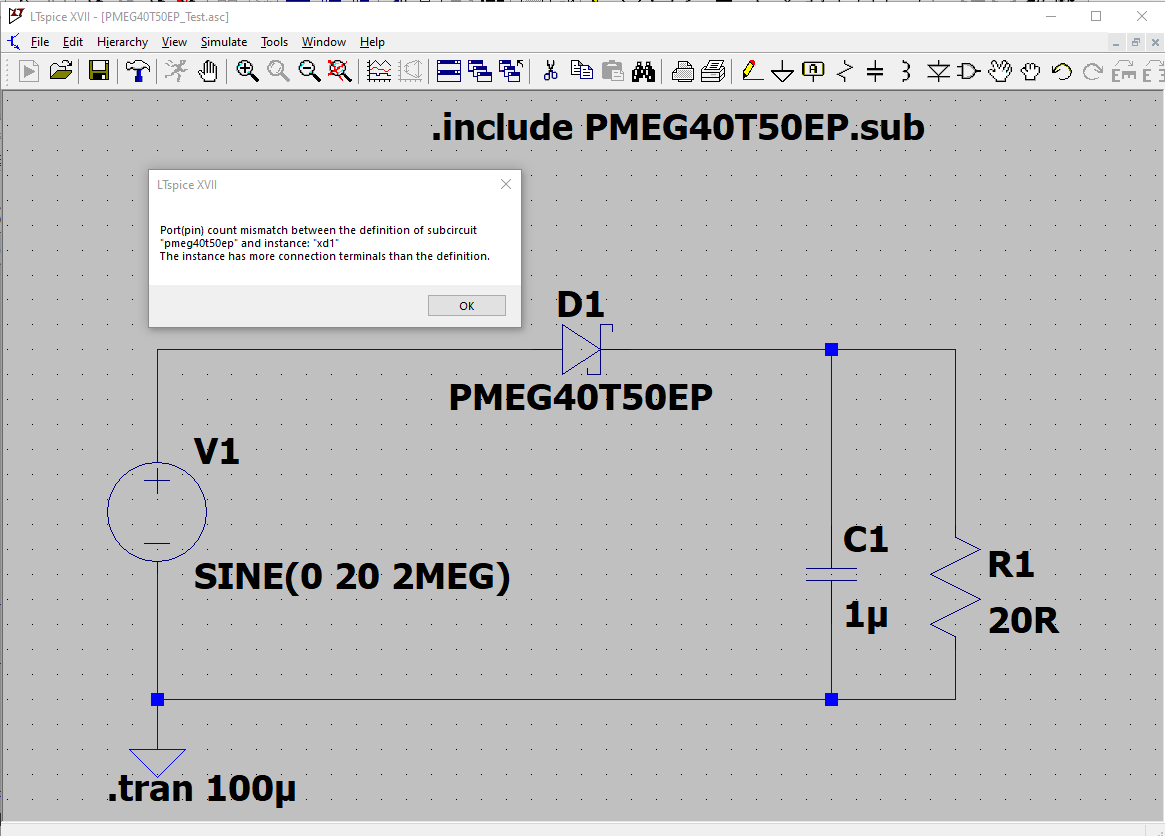 LTspice Modell für Schottky Diode PMEG40T50EP ist fehlerhaft