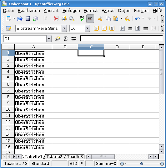 Excel Horizontaler Strich über Buchstaben