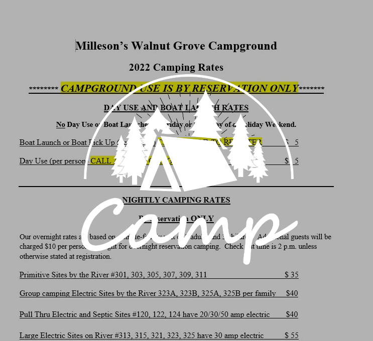 Campground Forms Millesons Walnut Grove Campground
