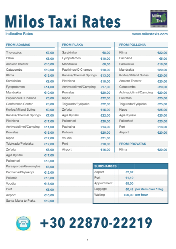Milos Taxis 2016 Rates