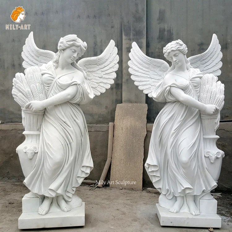 Lifesize Natural White Marble Angel Statue Outdoor Decoration MLMS054