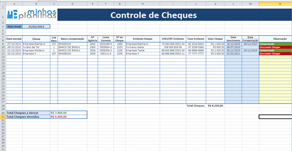 Planilha Controle de Cheques Minhas Planilhas
