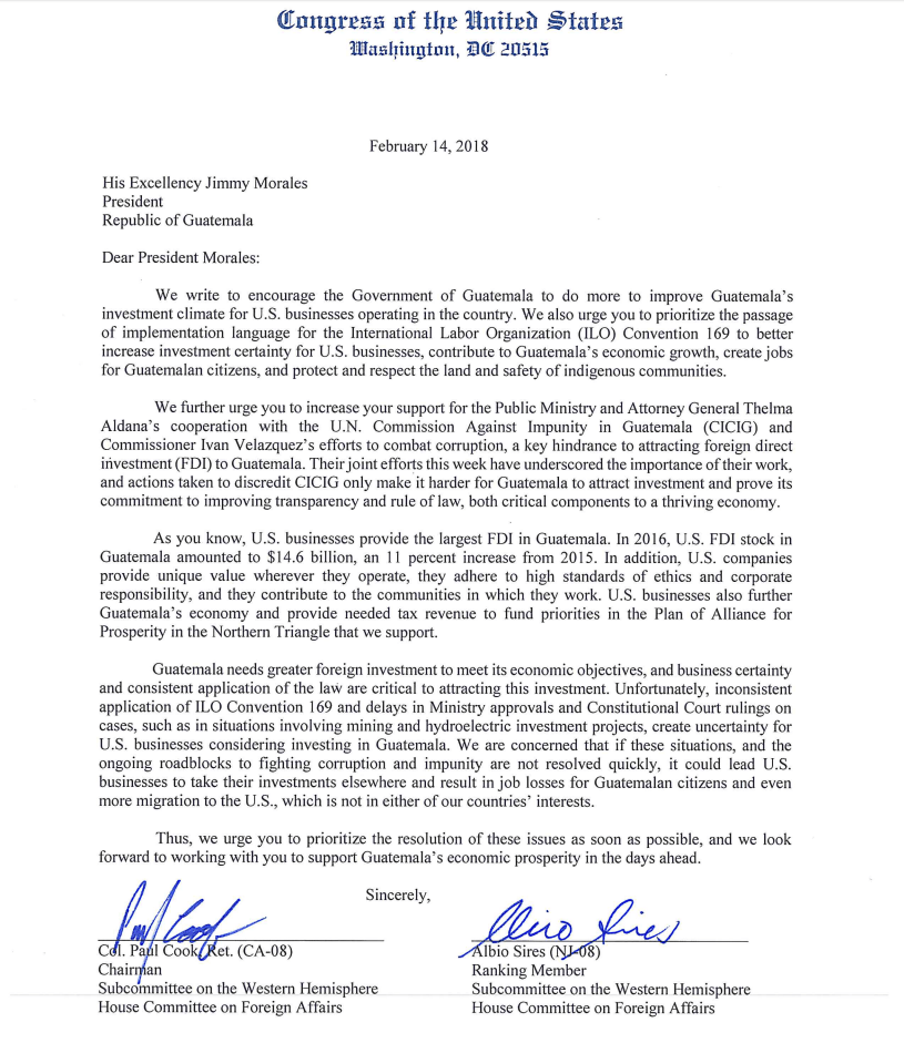 US Congress members send letter to Guatemala's president urging