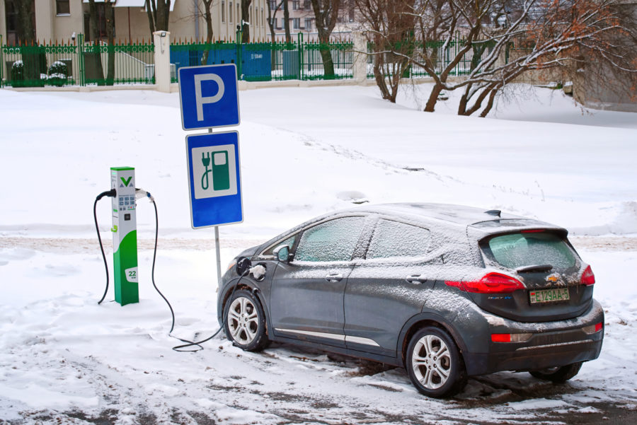 Minsk, Belarus. Jan 2022. Chevrolet Bolt EV charging at parking lot