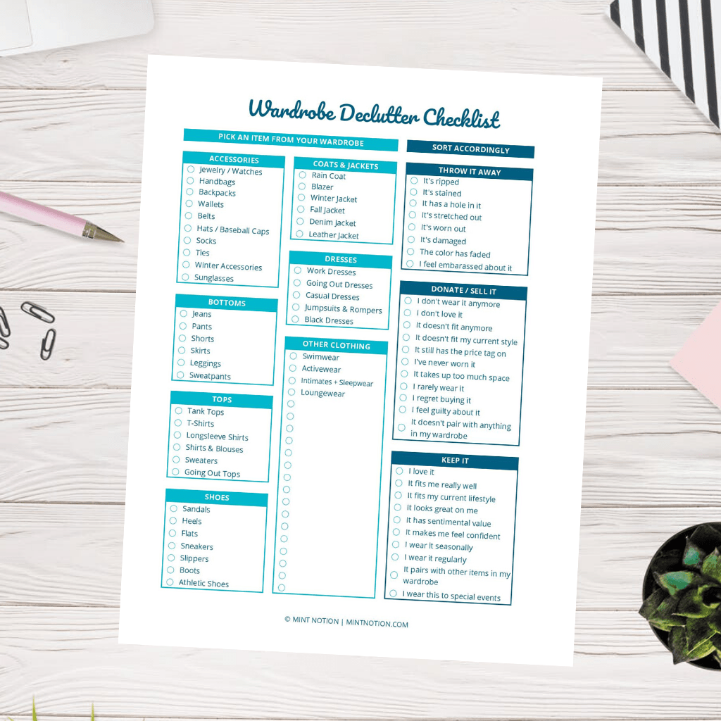 wardrobe declutter checklist printable Mint Notion