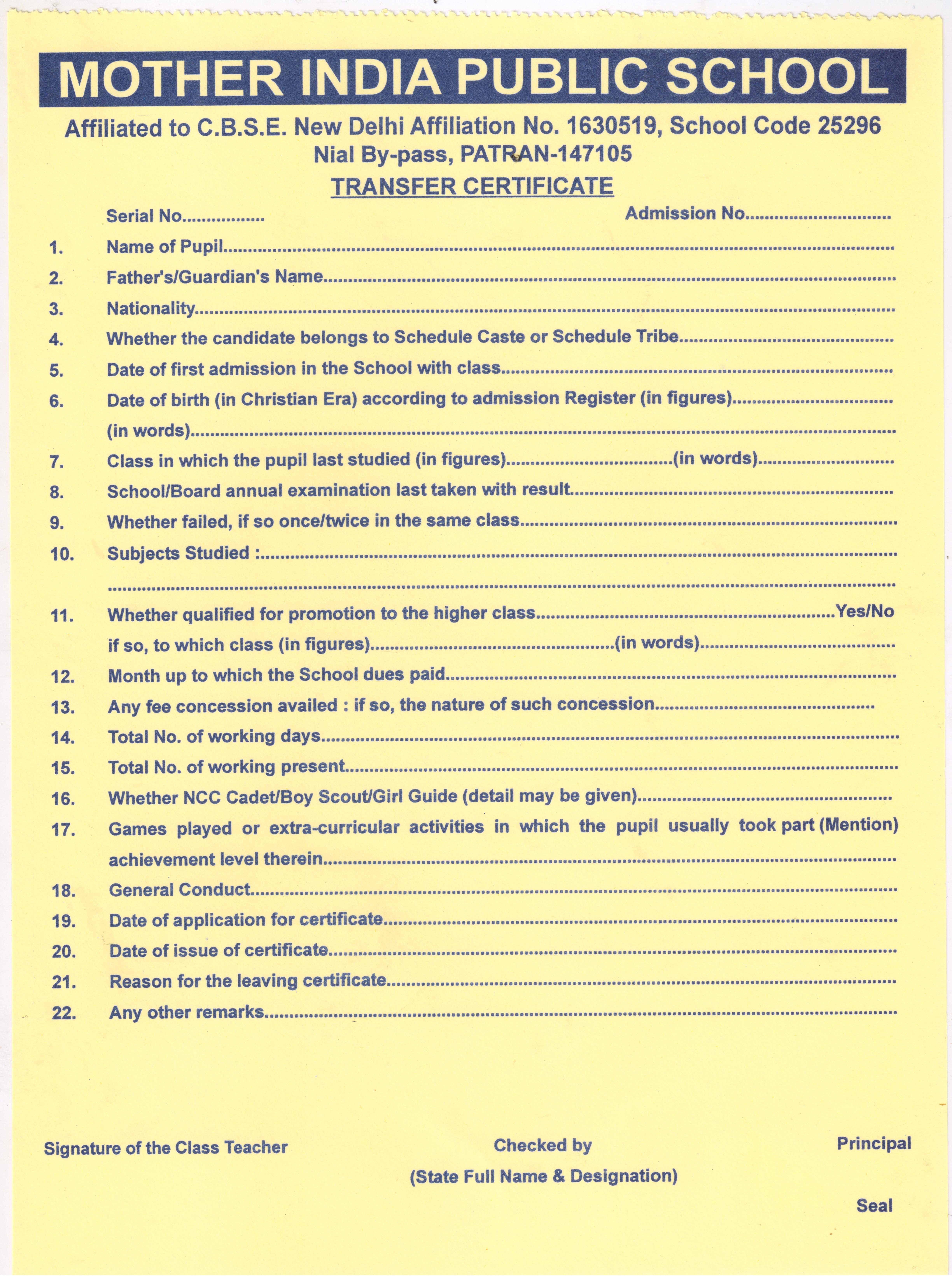 Transfer Certificate MOTHER INDIA SR. SEC. SCHOOL