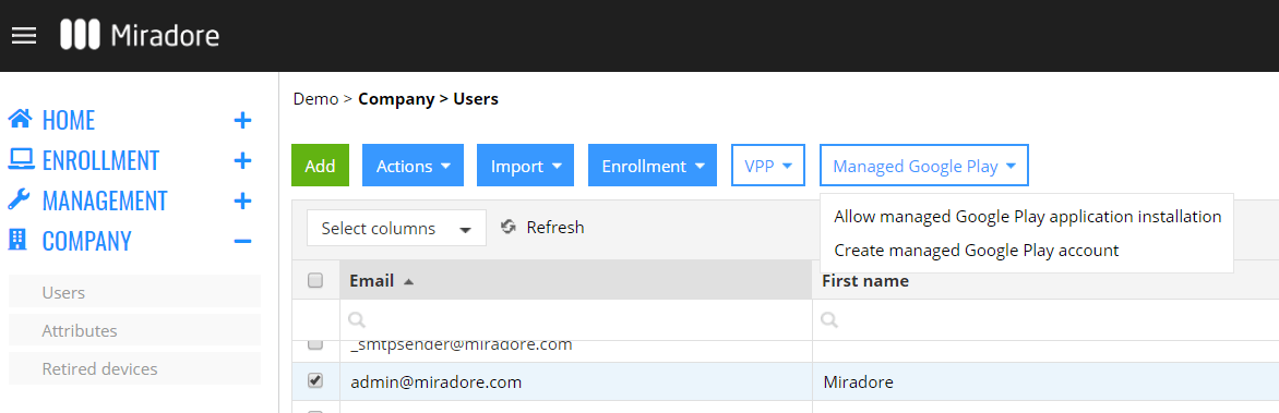 Managed Google Play User Accounts - Miradore