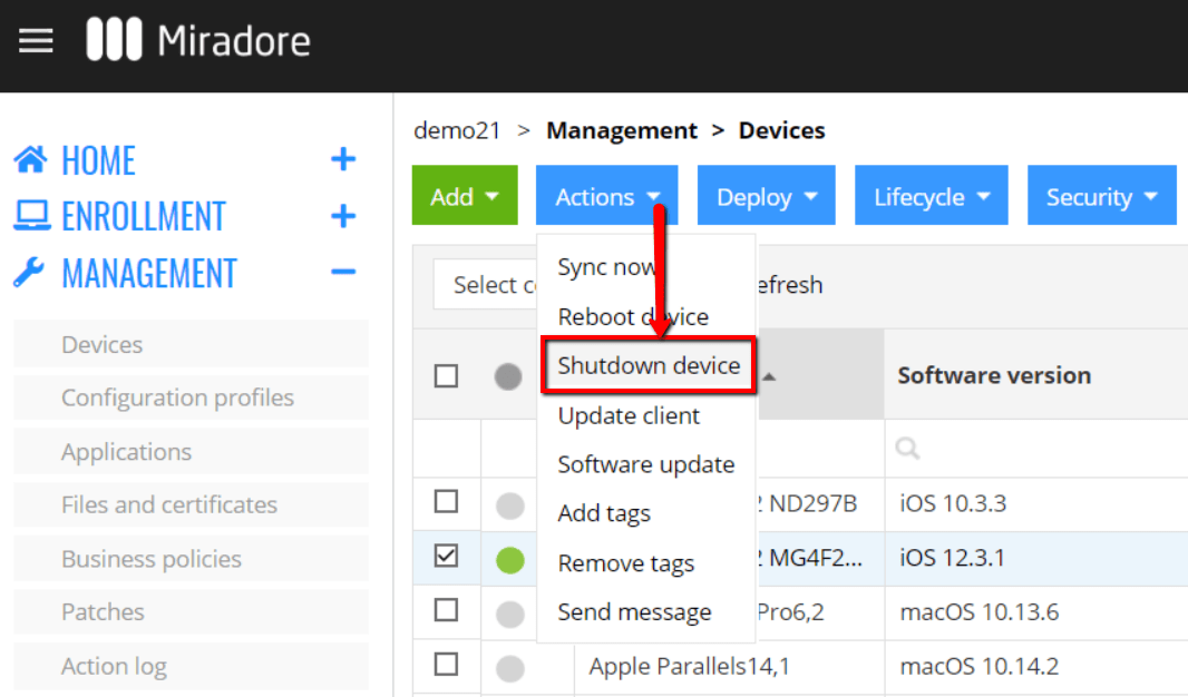 Shutting down a device remotely Miradore