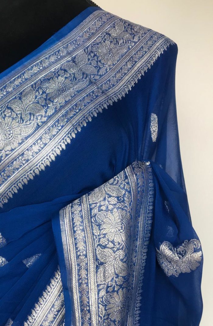 Purple Pure Khaddi Banarasi Silk Saree in Chiffon woven in Silver Zari