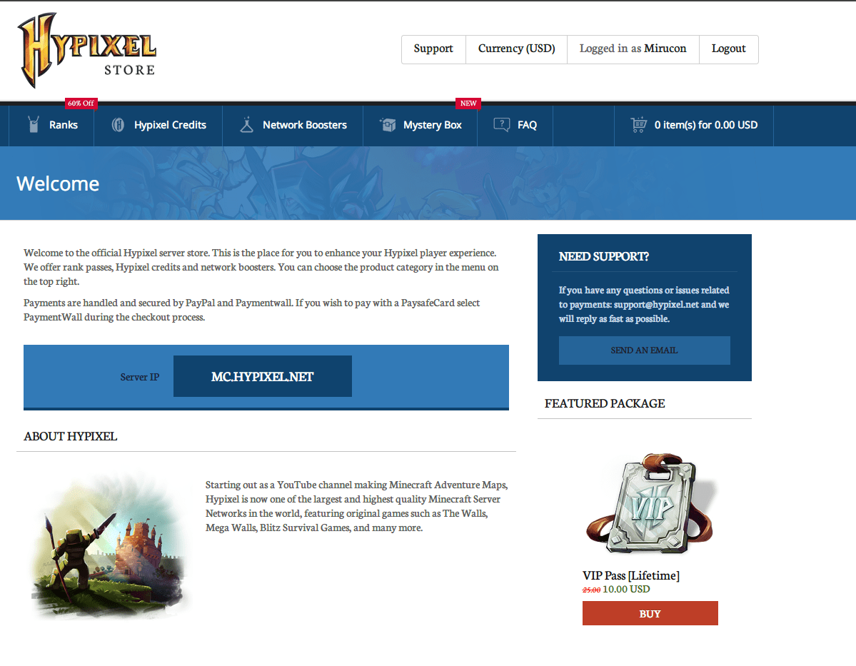 Minecraft Hypixel サーバーの課金方法 ミルログ