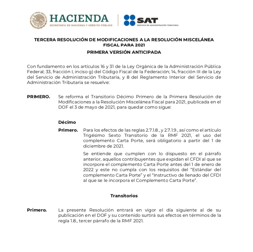 SAT OFICIALIZA PRORROGA A LA CARTA PORTE PARA 2022 misKuentas