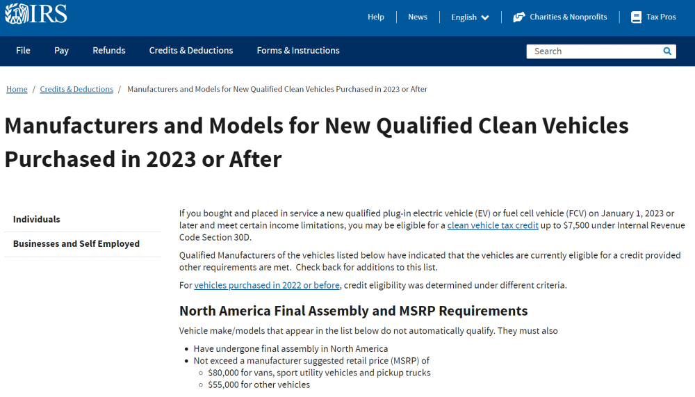 IRS Publishes Tax Credit Guidance For 2023 Electric Vehicles Missing