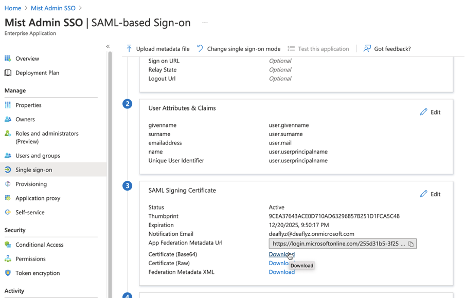 Azure Admin SSO Integration Mist