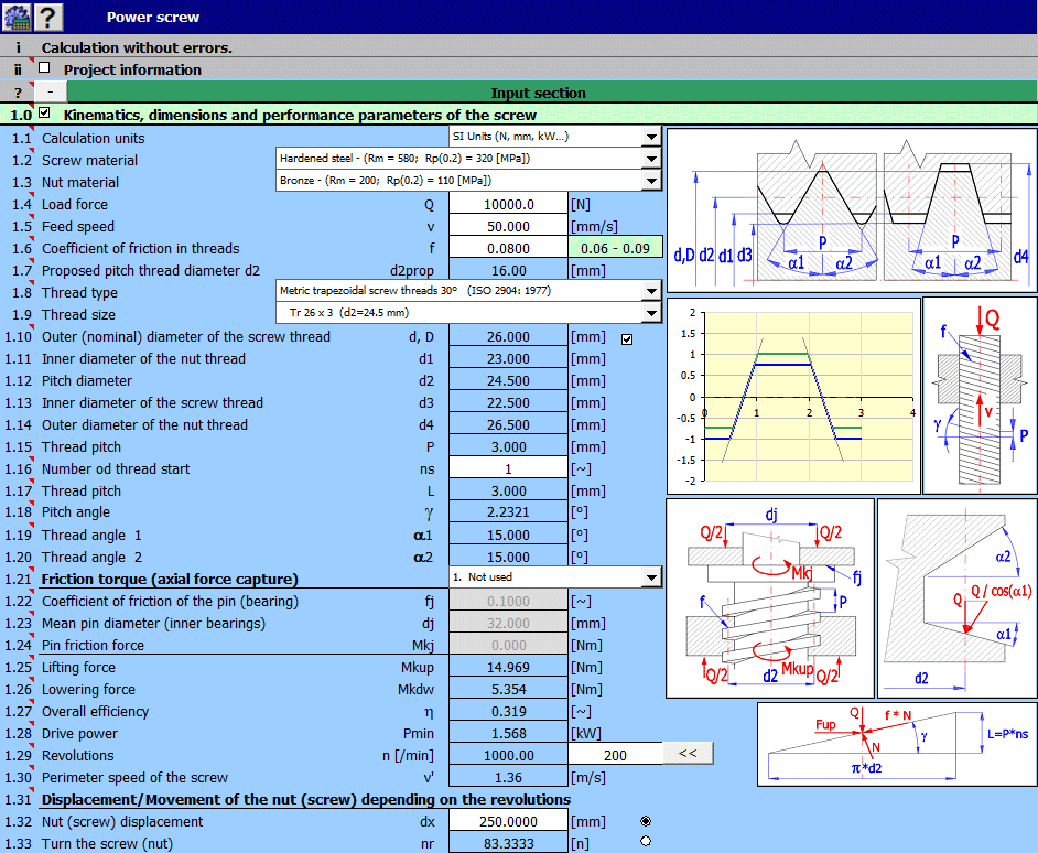 MITcalc Power screws, design, calculation and check