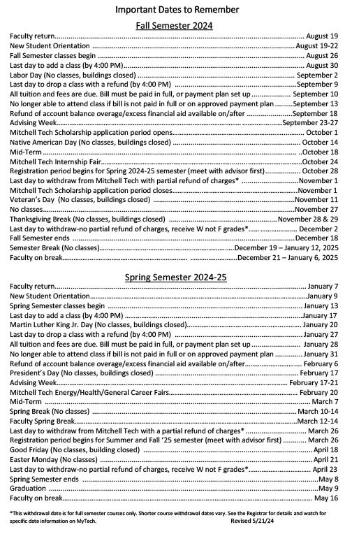 Academic Calendar Mitchell Technical College