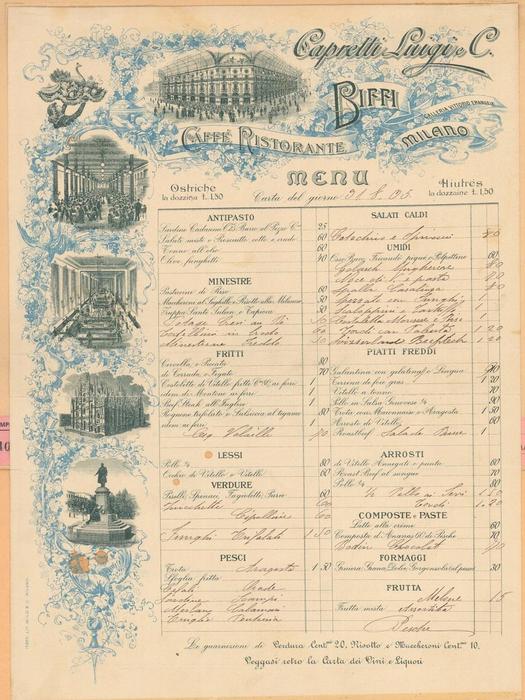 Milano, il Biffi mette in mostra il menu storico del 1905
