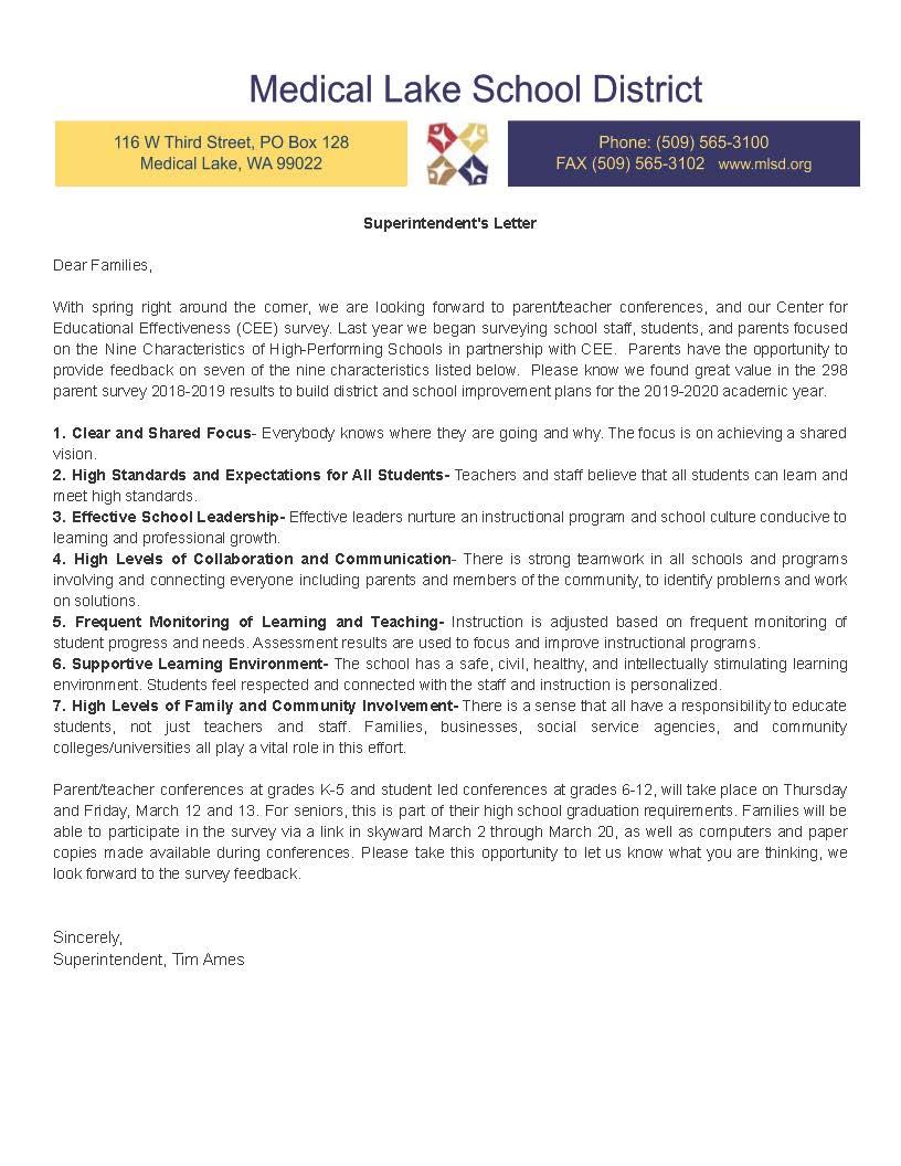 February Letter from the Superintendent Medical Lake School District