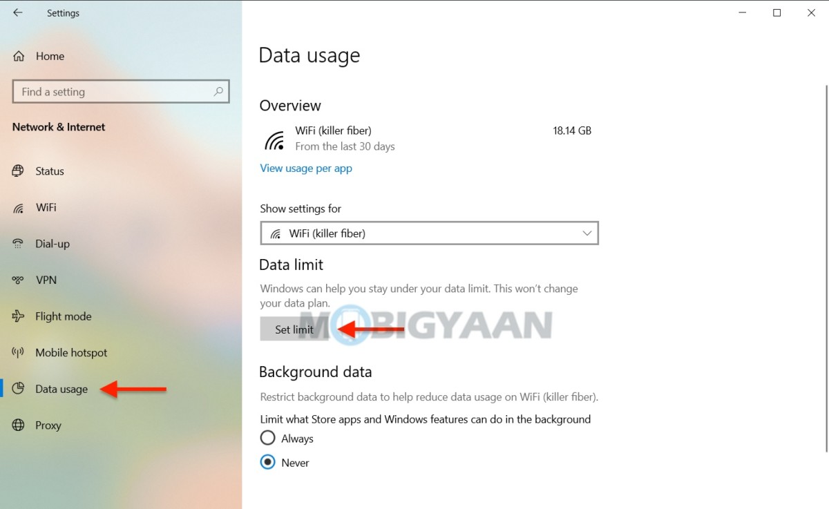 How to limit WiFi data on Windows 10