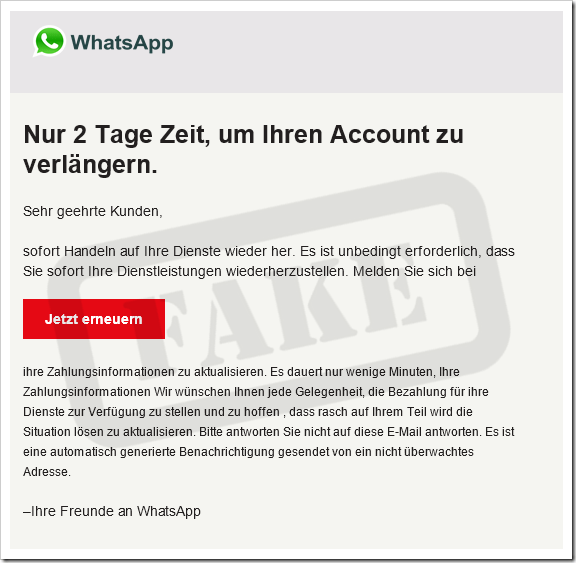 WhatsApp Warnung vor ABOVerlängerung, denn es ist ein Fake