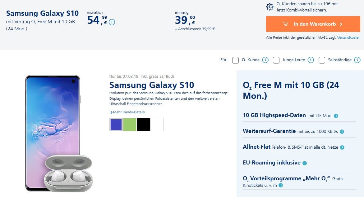 Galaxy S10 mit o2 Free M Vertrag mtl. 54,99 € + 39 € Zuzahlung