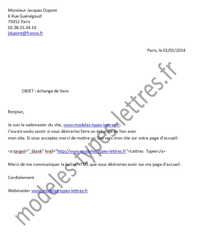Modèle de lettre concernant une demande d'échange de lien