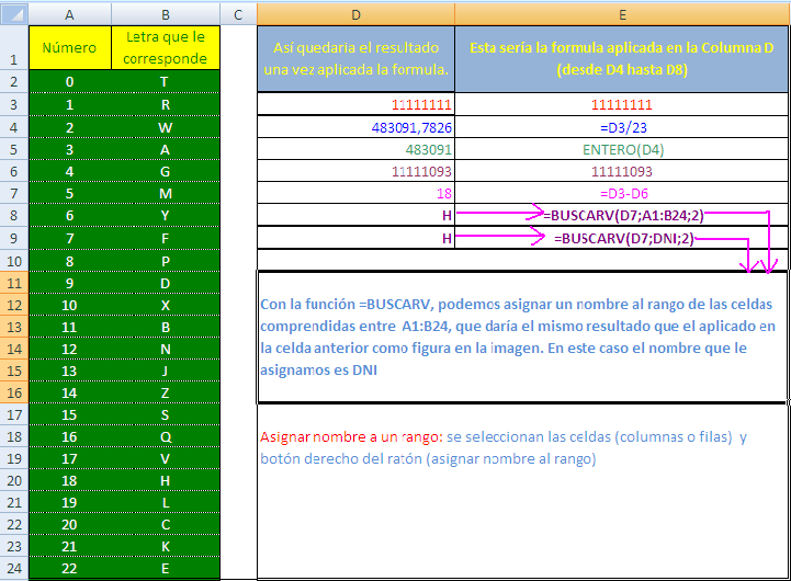 NIF «calcular letra en hoja de exel»