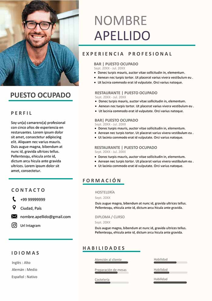 Curriculum Vitae de Bartender Descarga Gratis Ejemplo CV