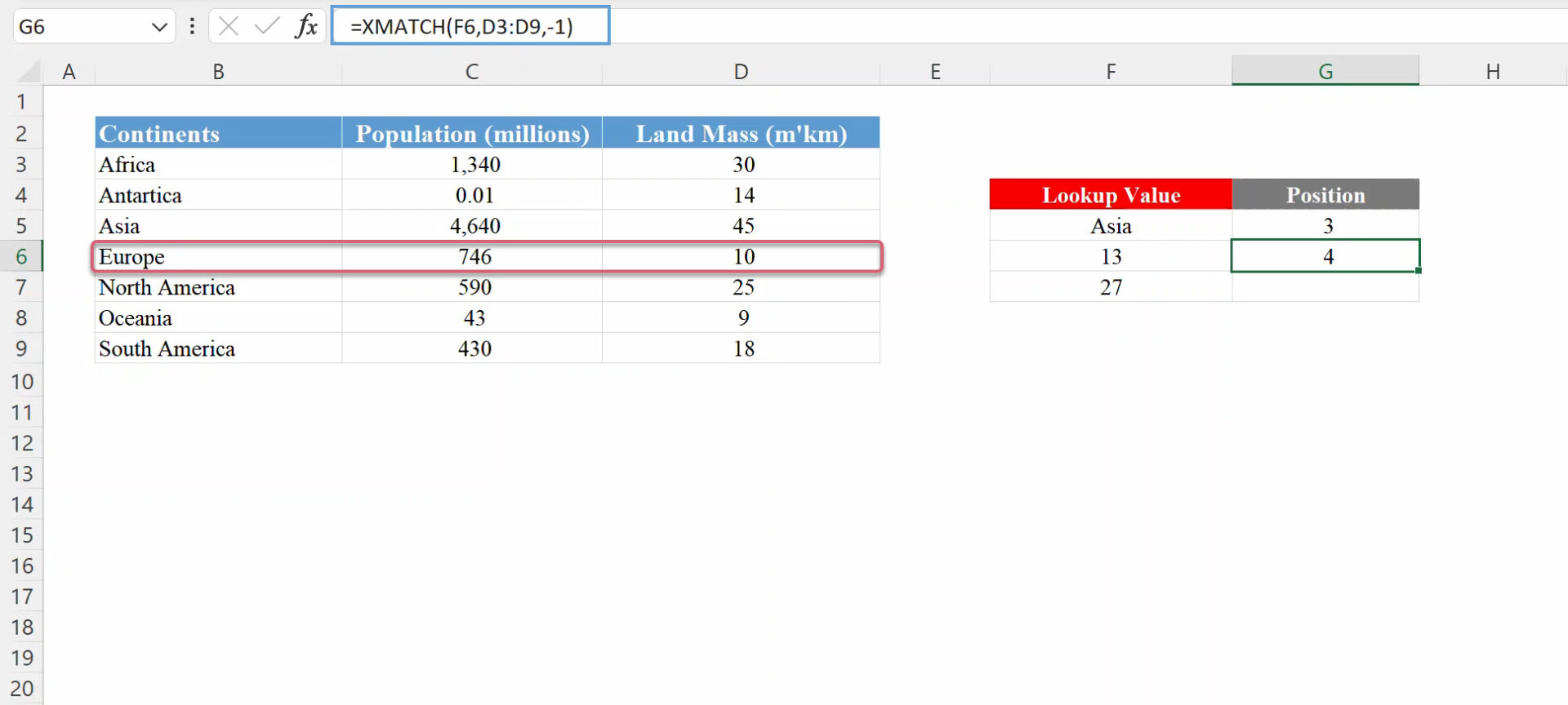 Excel XMATCH Function