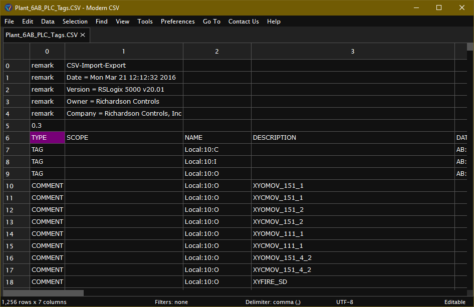 Editing PLCexported CSVs with Flexible Data Headers Modern CSV