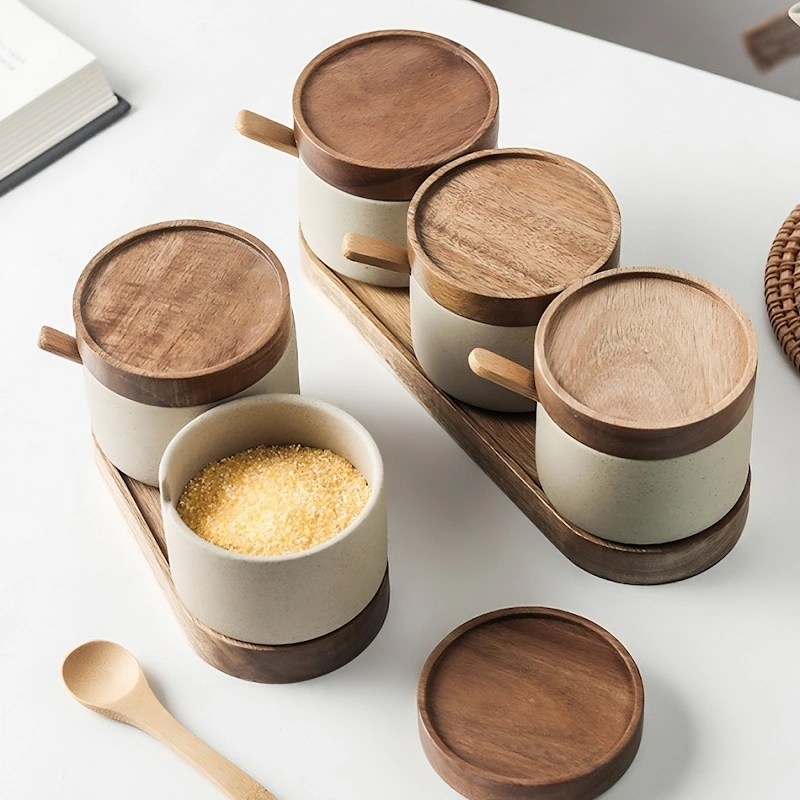Ceramic Spice Jar with Wood Lid and Spoon